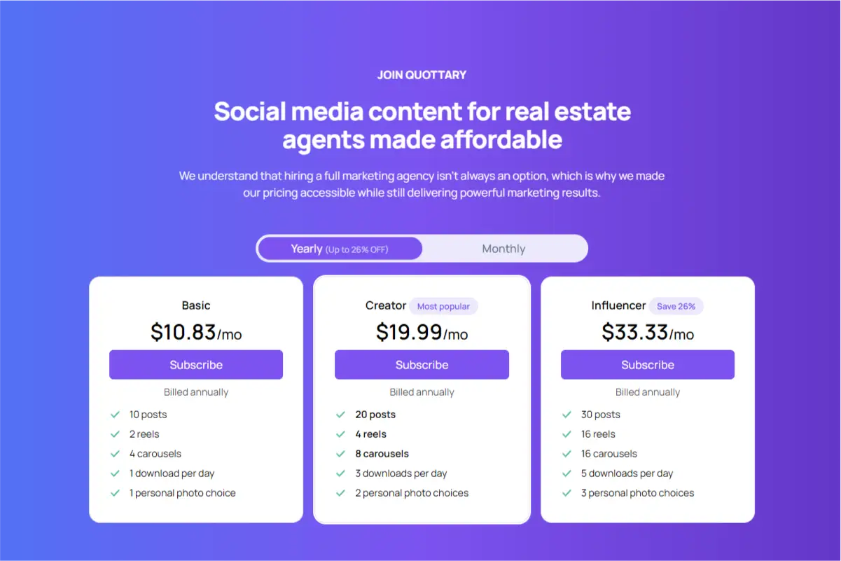 Pricing table