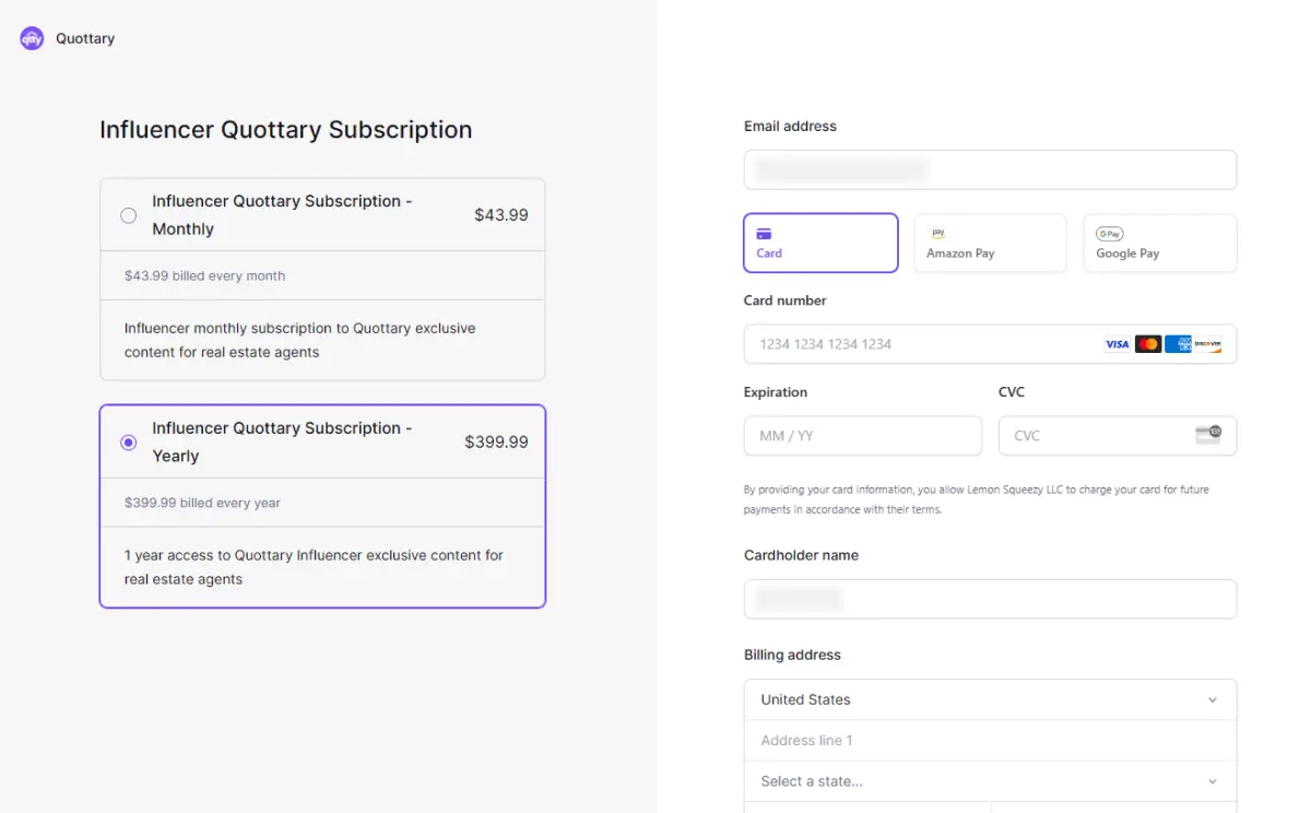 Lemon Squeezy payment screen